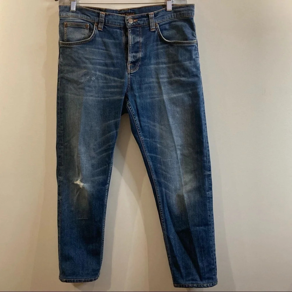NUDIE Sz 33 Steady Eddy II Indigo Shades Colour Button Fly Organic Cotton Jeans